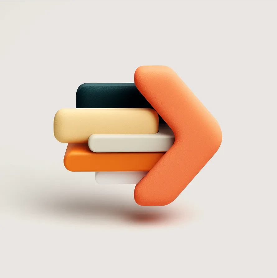 3D-Pfeil-Symbol aus mehreren bunten Elementen, das einen Start oder Wechsel im Projekt symbolisiert – passend zum B2B Brand Builder von pixolith.