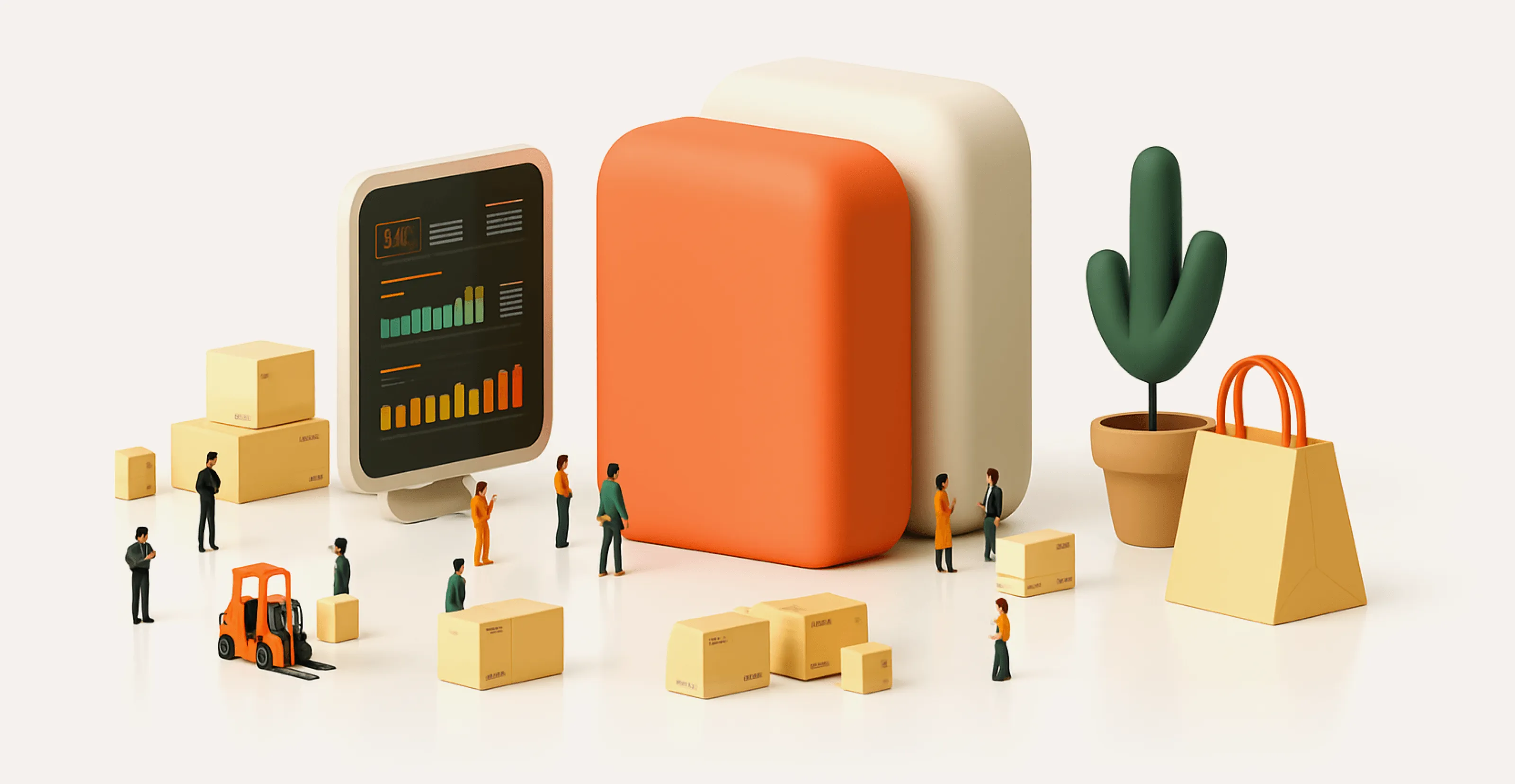 3D-Illustration einer Logistik- und E-Commerce-Szenerie mit Diagramm-Monitor, Paketen und Figuren – Visualisierung für Shop-Performance, Prozesse und Wachstum.