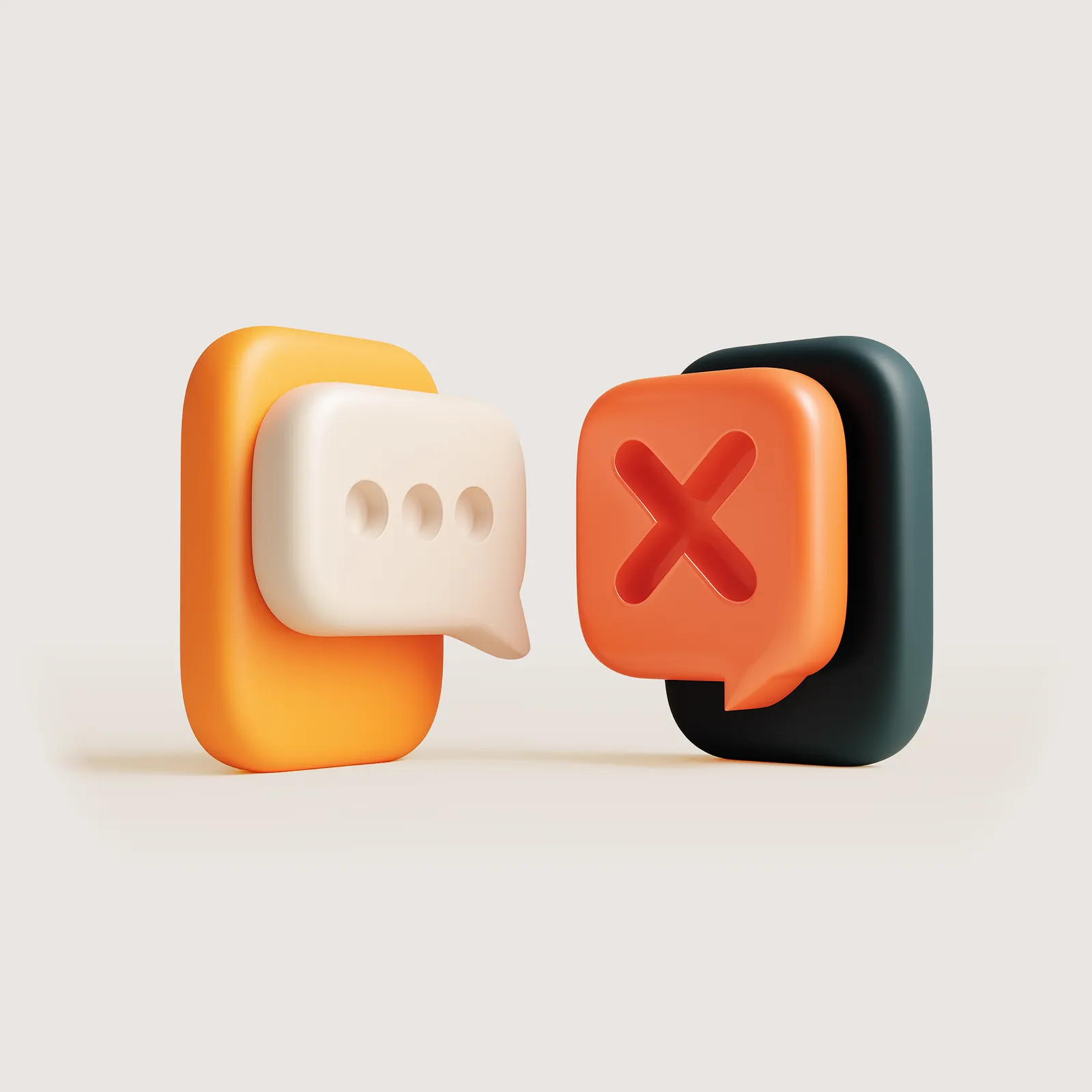 3D-Illustration mit einem Sprechblasen-Symbol und einem roten X, stellvertretend für passende und unpassende Projektanfragen bei pixolith.